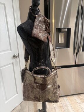 HOBO Metallic Brown Leather Shoulder Tote with Tassel Wristlet